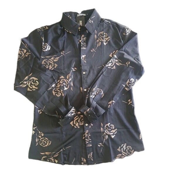 ZEROYAA Luxury Designer Men’s Shirt Large Gold Rose Print Button Up Lightweight - Picture 1 of 8